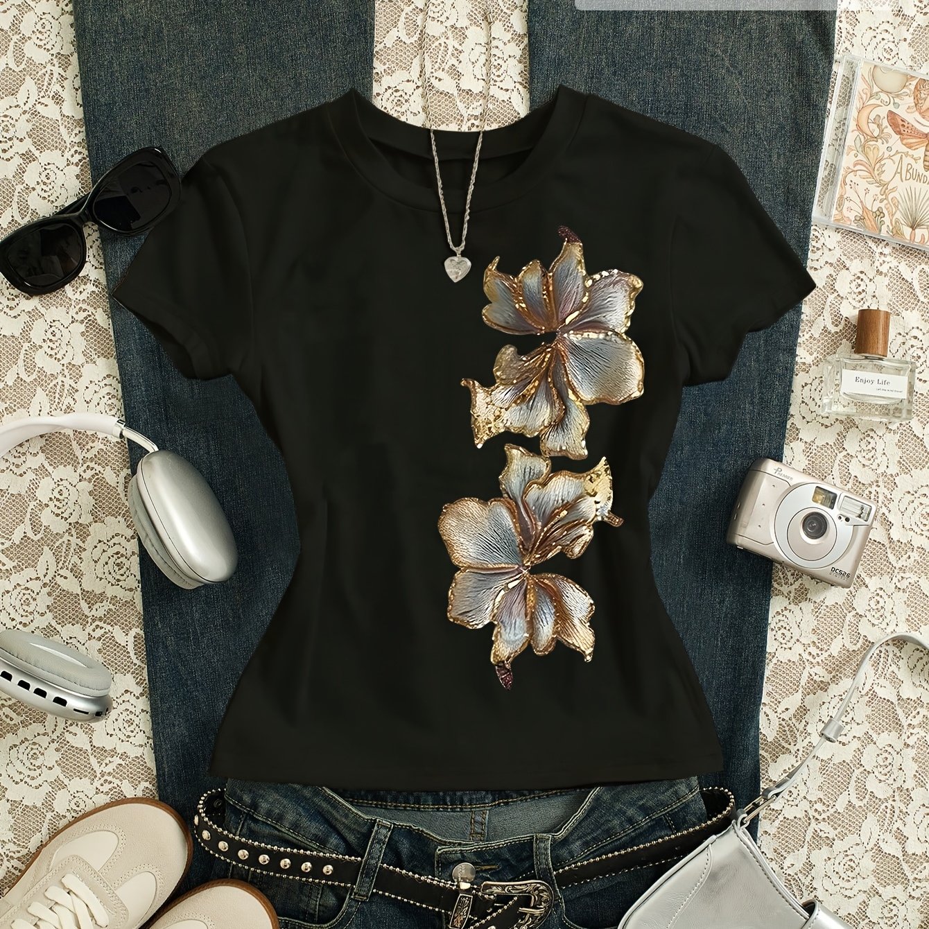 TEMU Fashionable Retro-style Faux Embroidered Floral Print Pattern Women's Casual Round Neck T-shirt For Summer