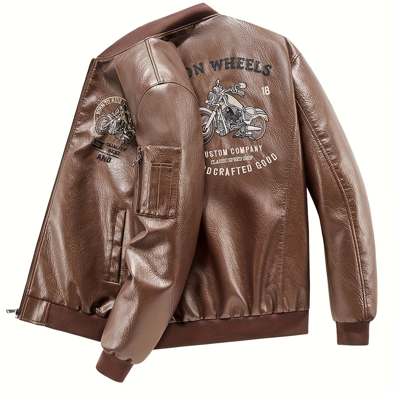 TEMU Men's Stylish Embroidered Motorcycle Jacket - Windproof Baseball Collar Riding Coat, Suitable For Outdoor Wear In Cold Weather, Perfect For