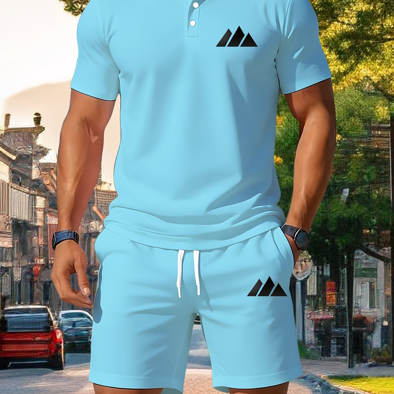 TEMU Men's Summer Quick-dry Short-sleeve Shirt Set, Lightweight For Outdoor Running And Fitness, Breathable Two-piece Outfit With Shorts