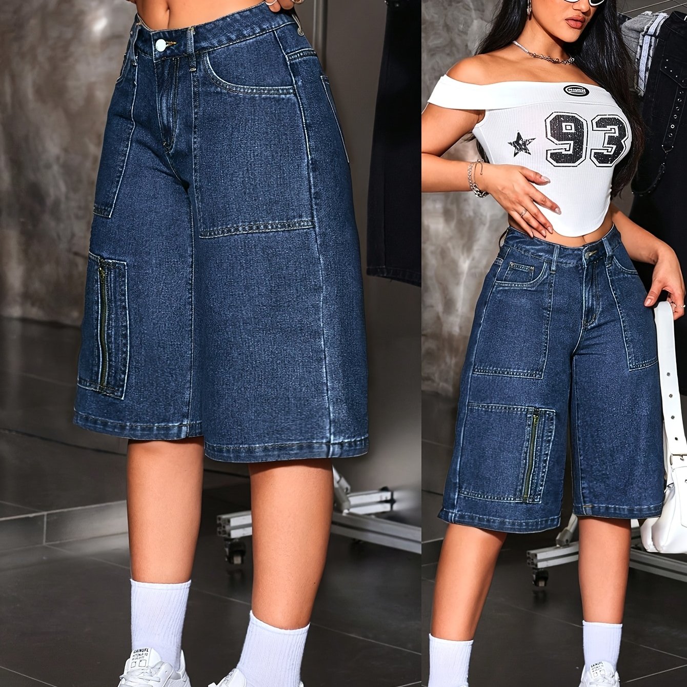 TEMU Women's Multi- Workwear Knee-length Denim Shorts, Street Style Outfits