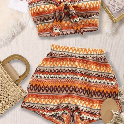 womens summer colorful striped elastic sexy 2pcs set front strap top and high waist shorts suitable for vacation and
