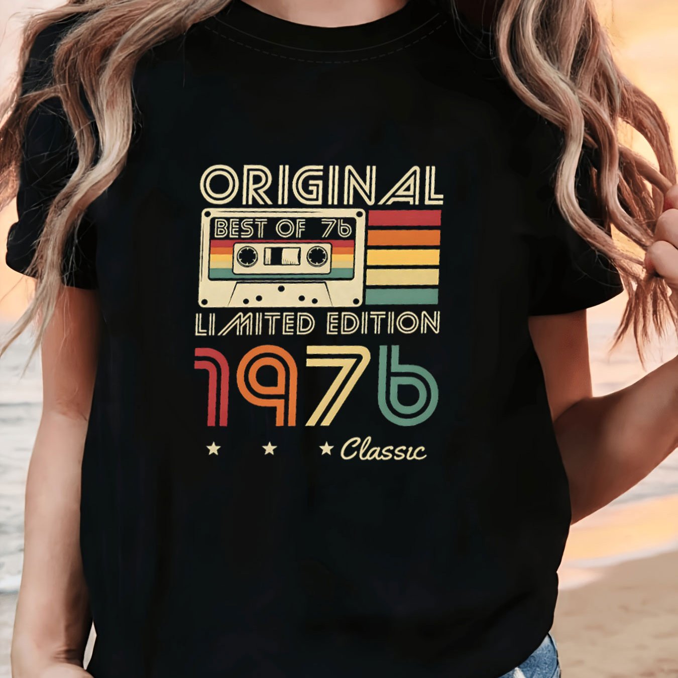 TEMU Original 1976 Edition Classic Cassette Tape 50th Birthday Letter Print Women's T-shirt, Short Sleeve Crew Neck Casual Top For Summer & Spring,