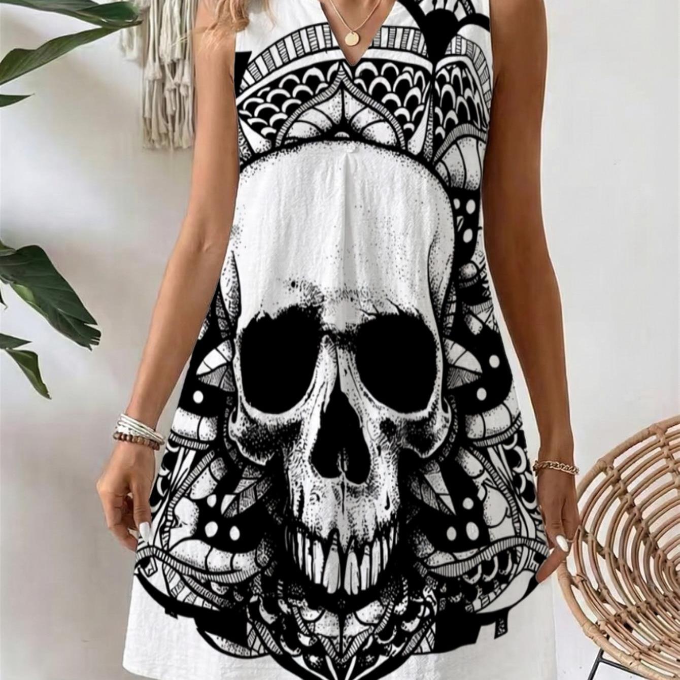 Image of Women's Gothic Short-sleeve A-line Dress With Hollow-out V-neck & Skull Print - Loose Fit Dress Suitable For - Wear, Gothic Outfits, Casual To Semi-formal Occasions