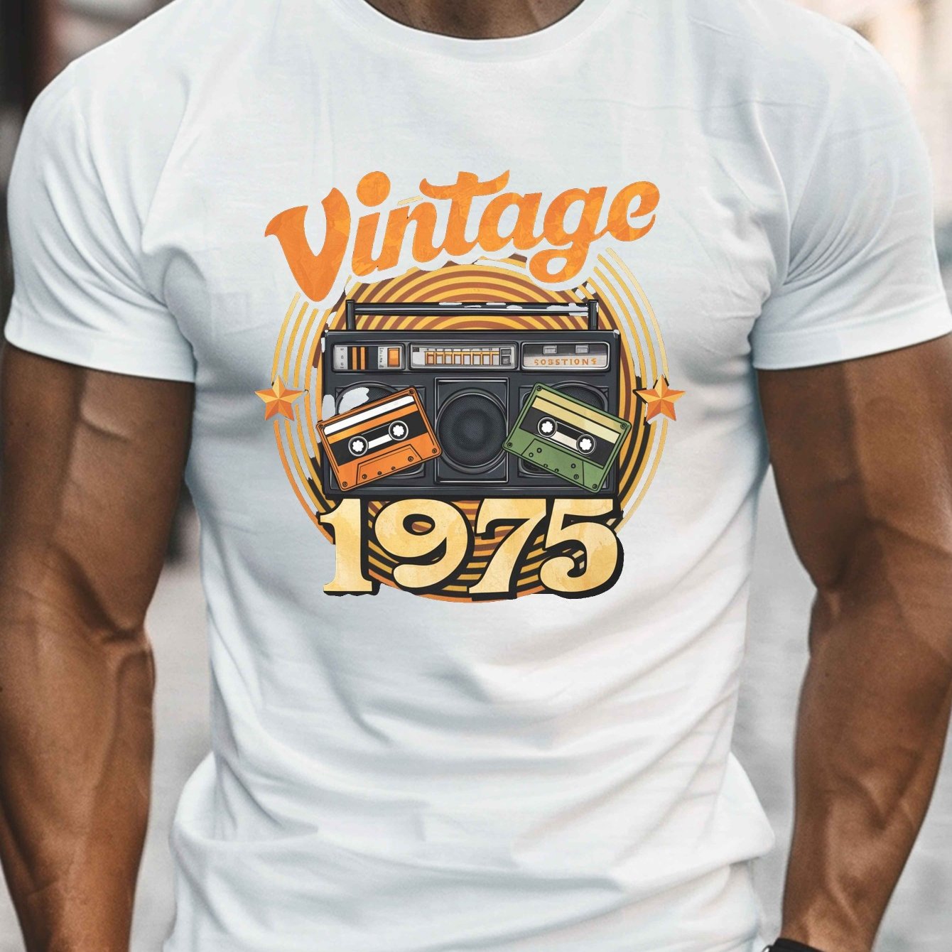 TEMU Vintage 1975 Print, Men's Round Crew Neck Short Sleeve Tee, Casual T-shirtcasual Comfy Lightweight Top For Summer