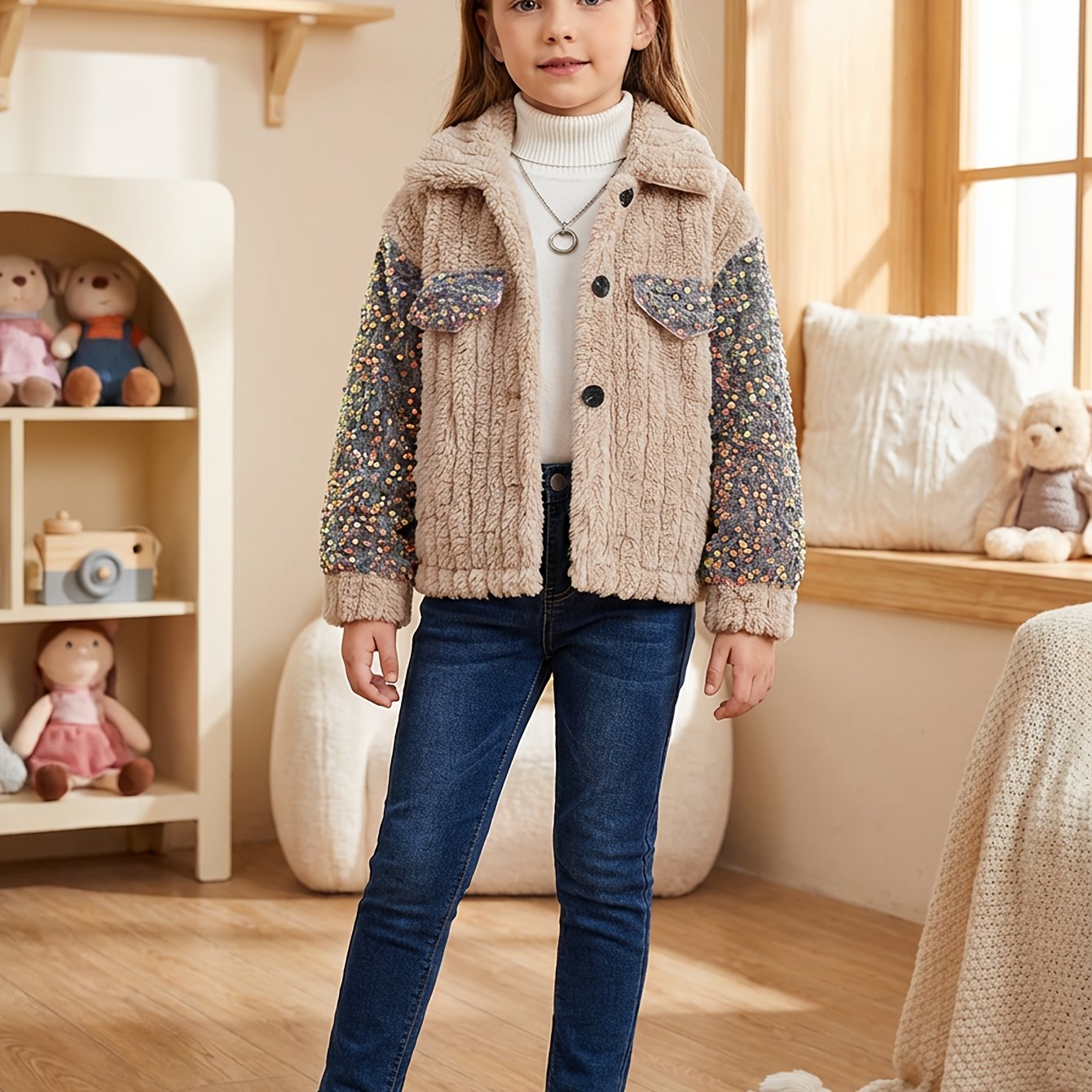 Image of Kids Girls' Autumn/winter Soft Comfortable Plush Fabric Stylish Embroidered Sequin Lapel Long Sleeve Button Cardigan Coat