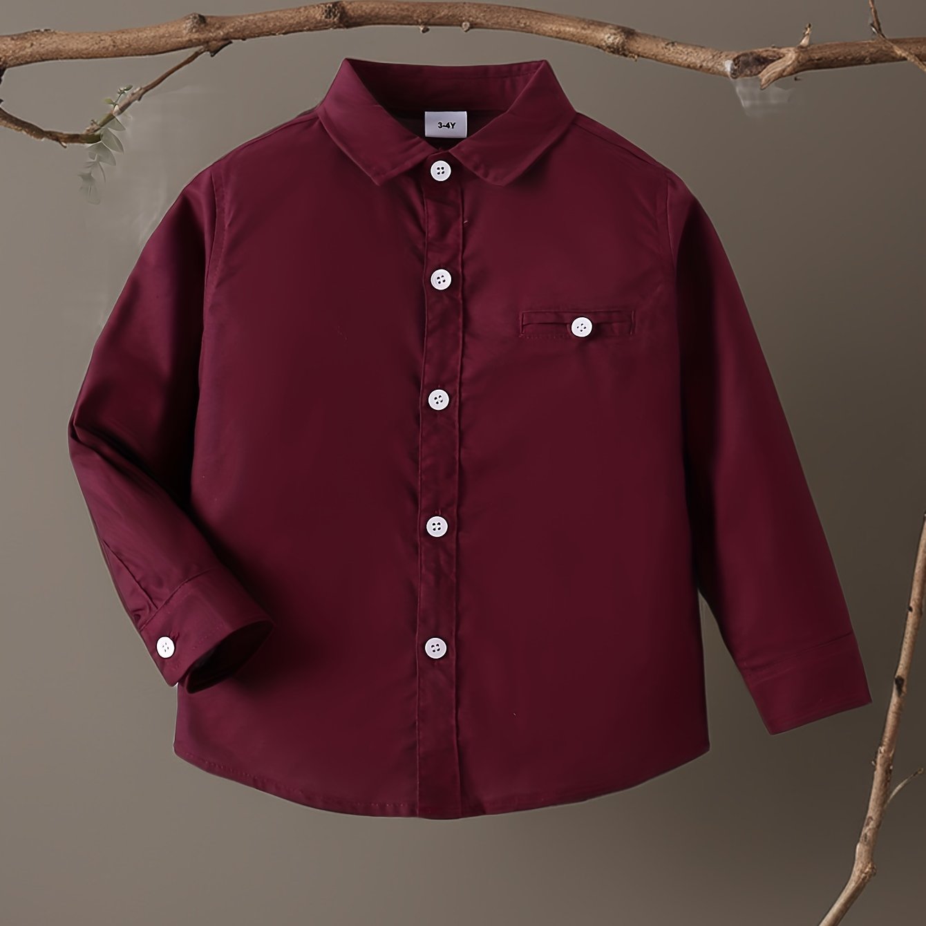 Image of Boys' Solid Color Lapel Shirt, Spring/autumn Long Sleeve Top For School, Parties, And Gatherings, Back-to-, A Back-to-school Gift For Kids