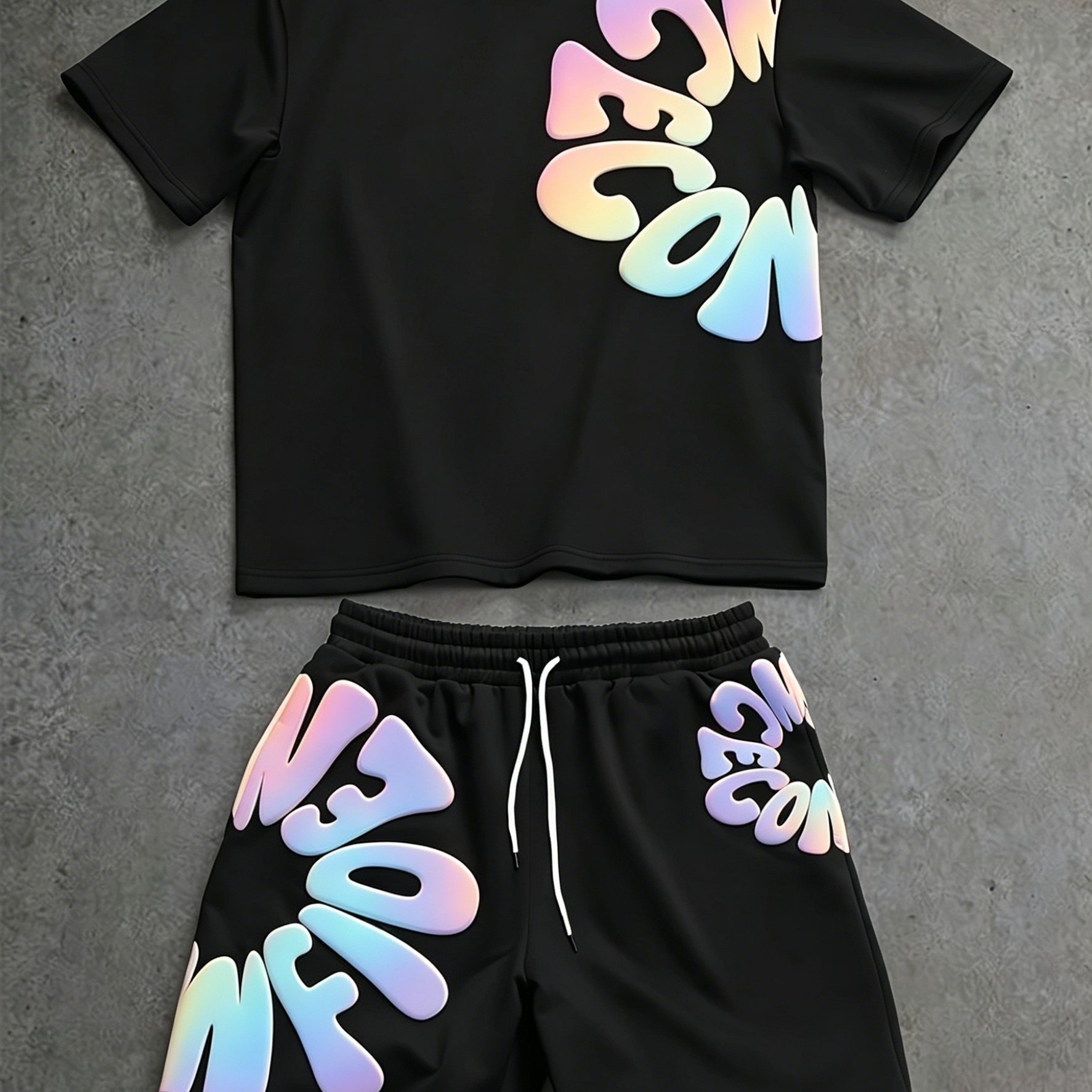 TEMU Summer Gradient Letter Print Men's Short Sleeve And Shorts 2pcs Casual Set American Trendy Drawstring Street Outing Home Matching Outfit