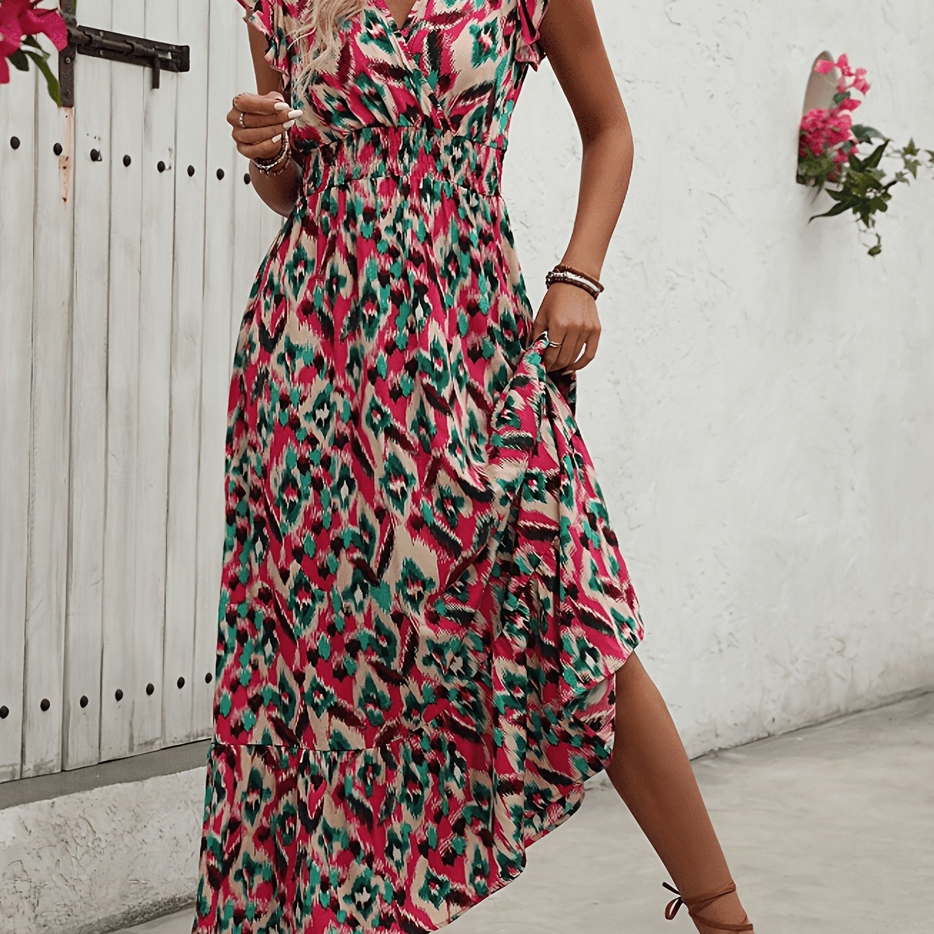 TEMU Women's Printed Cross V-neck Maxi Dress