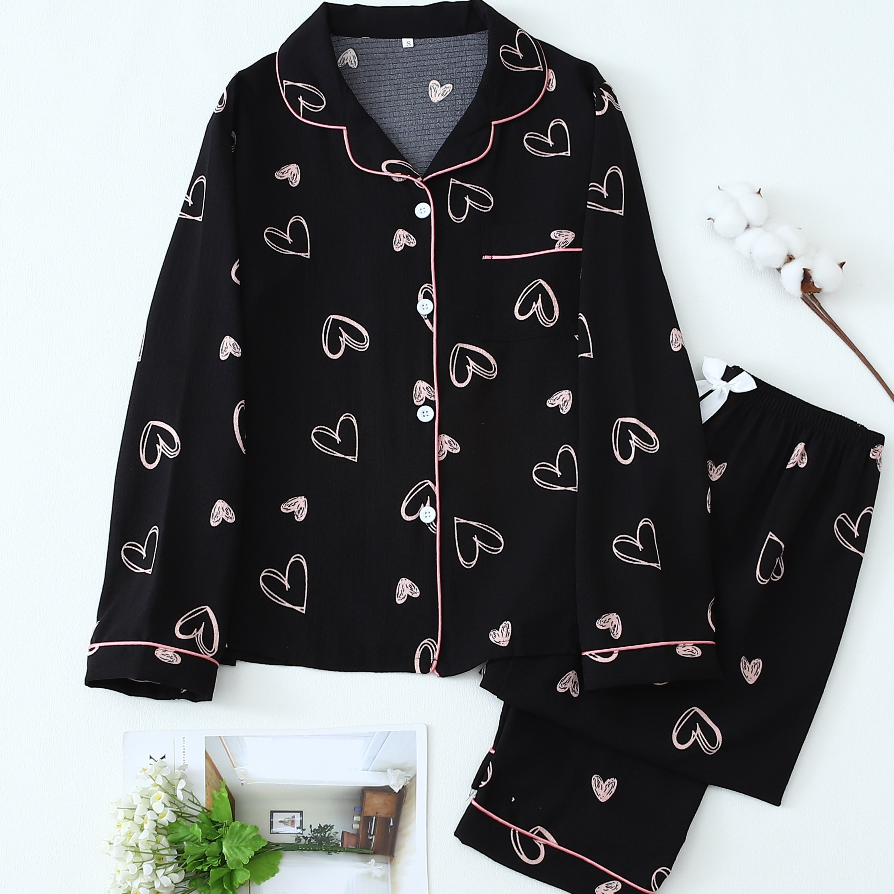 Image of Pink Hollow Out Heart Print Women's Long Sleeve Long Pants Pajamas Set