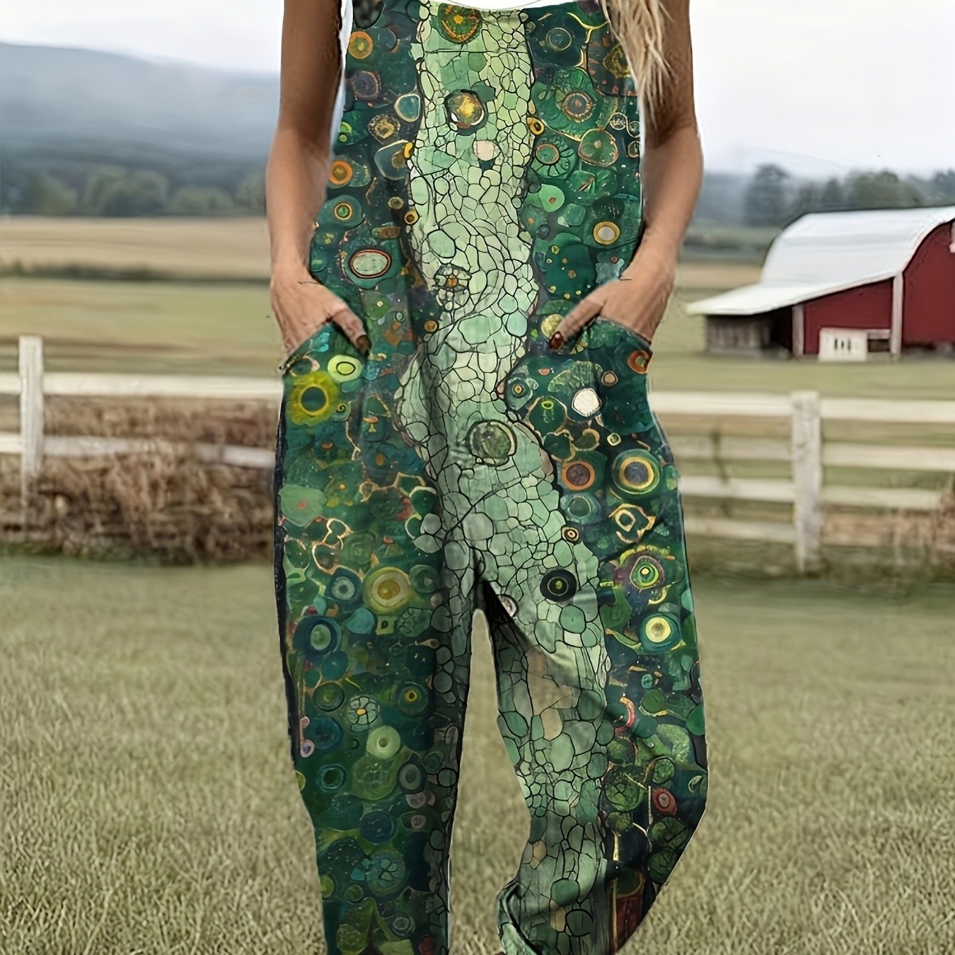 Image of Plus Size, Spring/summer Abstract Art Print Bamboo Women's Overalls With Pockets, Lightweight And Breathable, Bohemian Style, Suitable For Vacation And Commuting, Wear