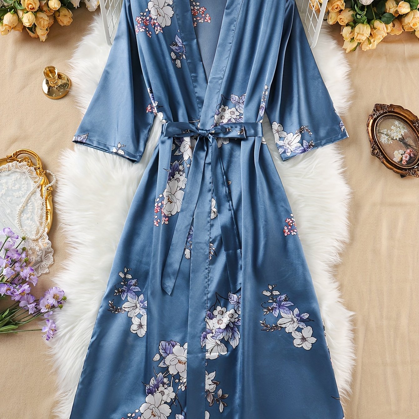 E-shop Damen Elegantes Blumenmuster V-Ausschnitt Schlafmantel, Bequem für Alle Jahreszeiten