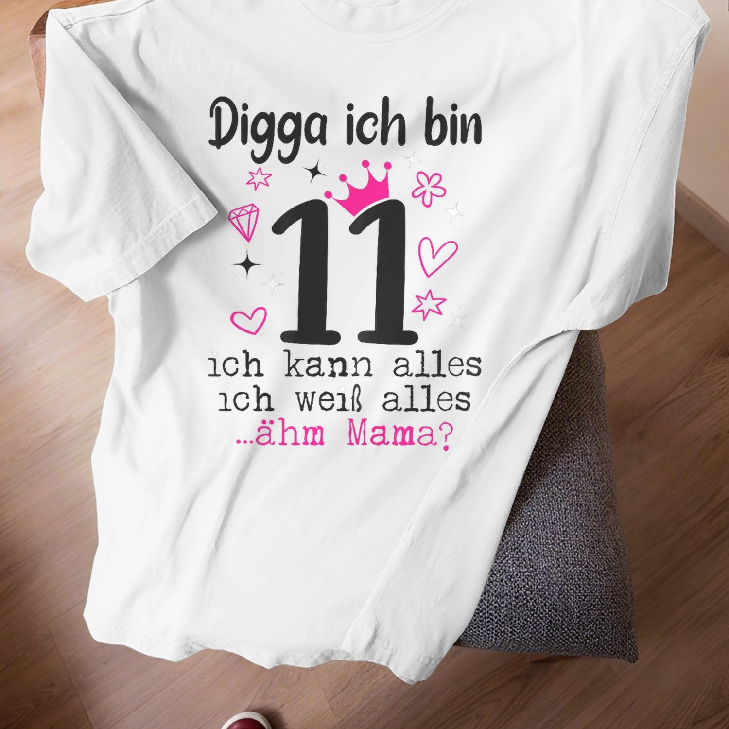 11th Birthday T-shirt Compatible For I Am 11 Years German - With Hearts & Stars - Unisex & 1 Outfit - Collectible Party Wear For 11th Birthday Party