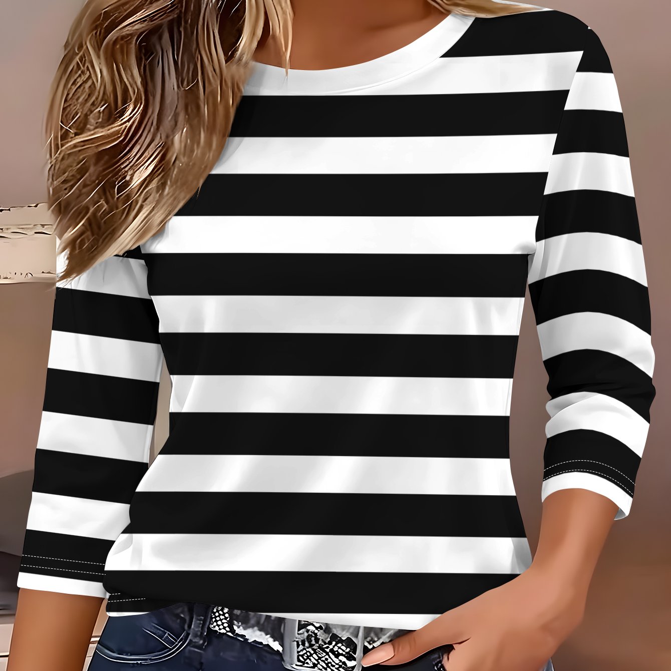 TEMU Women's Round Neck 3/4 Sleeve T-shirt, Black And White Contrast Design, Spring Autumn Casual Versatile Top