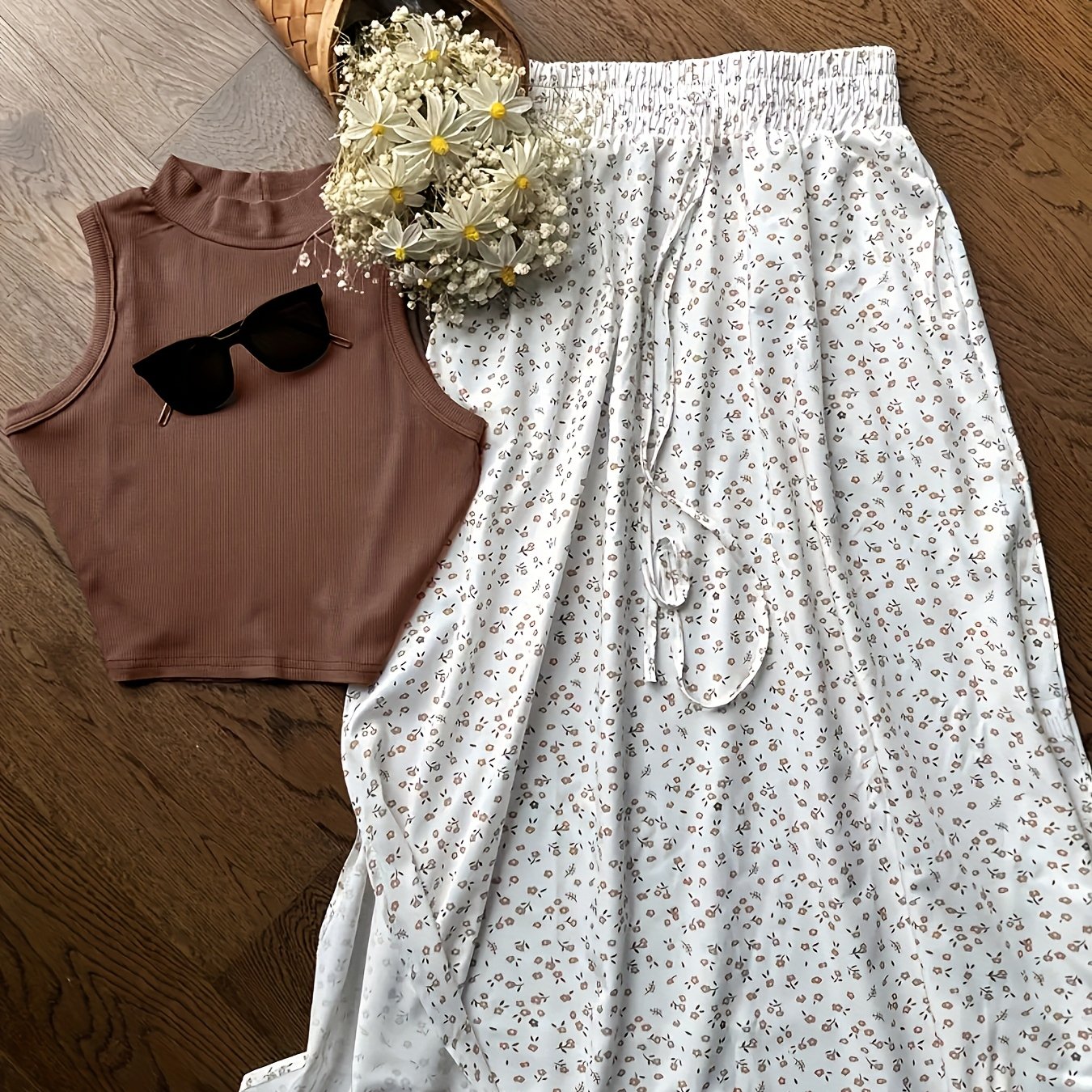 Cross-border New Women' Color Sleeveless Top With Ribbed And Floral Skirt 2pcs Set