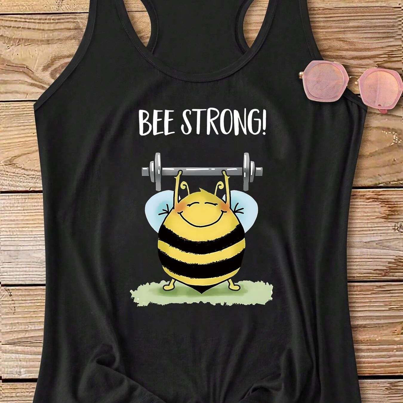 E-shop Damen-Tanktop mit Grafik "!" - Schwarz, lässig, Sommer-Tank mit Cartoon-Biene und Hantel, Rundhalsausschnitt, ohne Ärmel, lässige