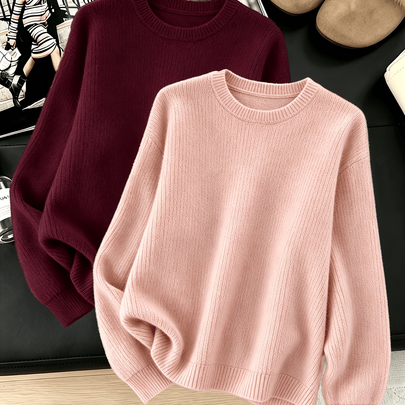 TEMU Women's 2pcs Sweater -compatible Suitable For Products | Soft Warm Round Neck Long Sleeve Loose Fit Pullover Tops | Machine Washable Solid Color