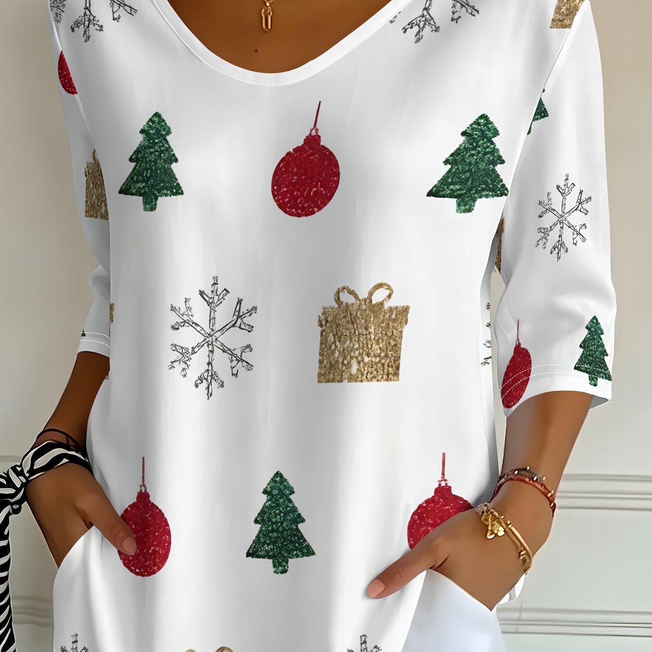 TEMU Women's [printed Design - Not Textured] Christmas Glitter Pattern Printed V-neck Three-quarter Sleeve T-shirt, Spring Autumn Casual Top