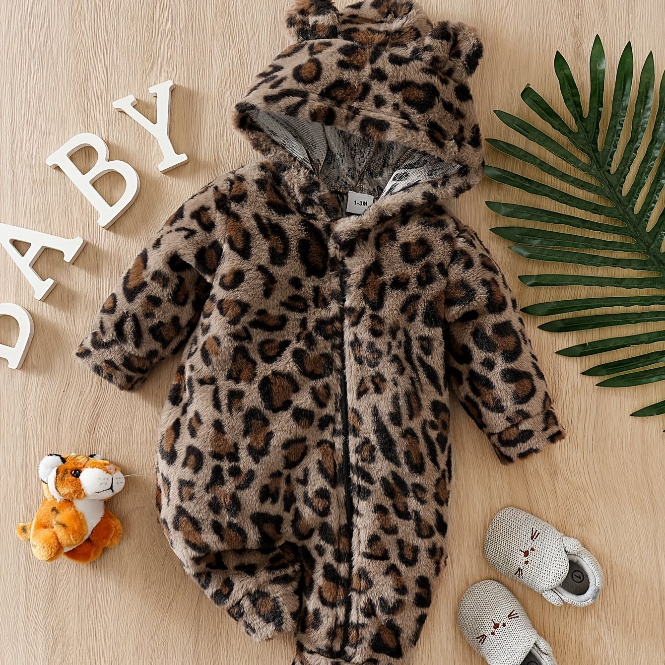 Image of Brown Leopard Print Animal Pattern Faux Rabbit Faux Fur Fleece Thick Warm Hooded Zipper Winter Long Sleeve Baby Bodysuit, For Outdoor
