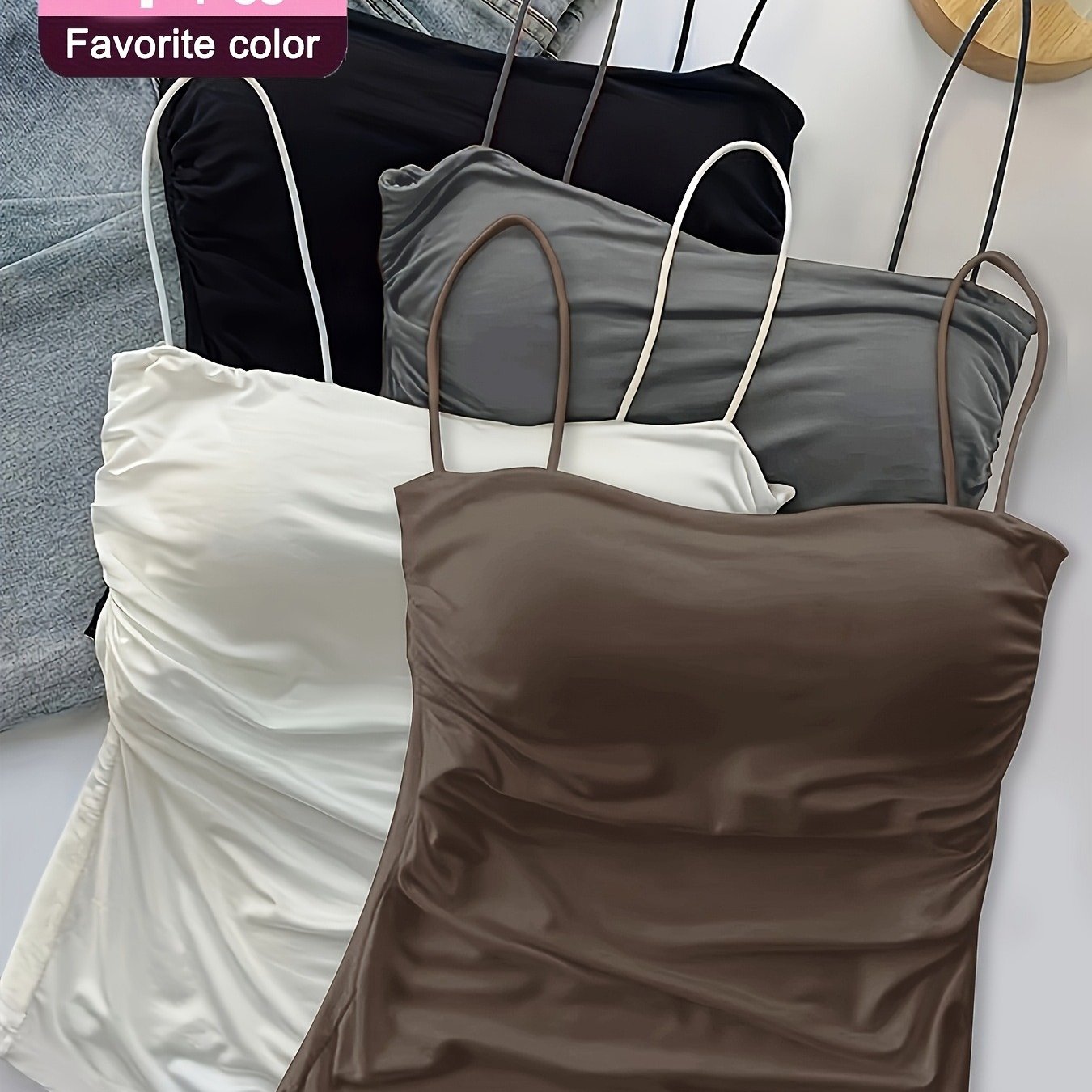 TEMU 4pcs Women's Camisole Tank Tops With Built-in Padded Bras, Ruched Waist, Stretchy And -friendly, Simple And Versatile, A Must-have For The Lazy