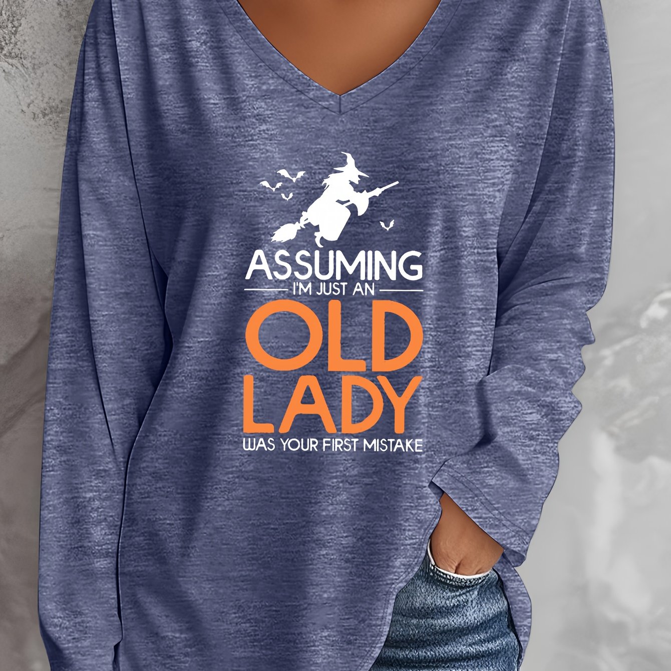 TEMU Plus Size, Women's Oversized V-neck Long Sleeve T-shirt - Funny "assuming Old Lady" & Bats Graphic Print, Soft Rayon Fabric, Loose Slim-fit