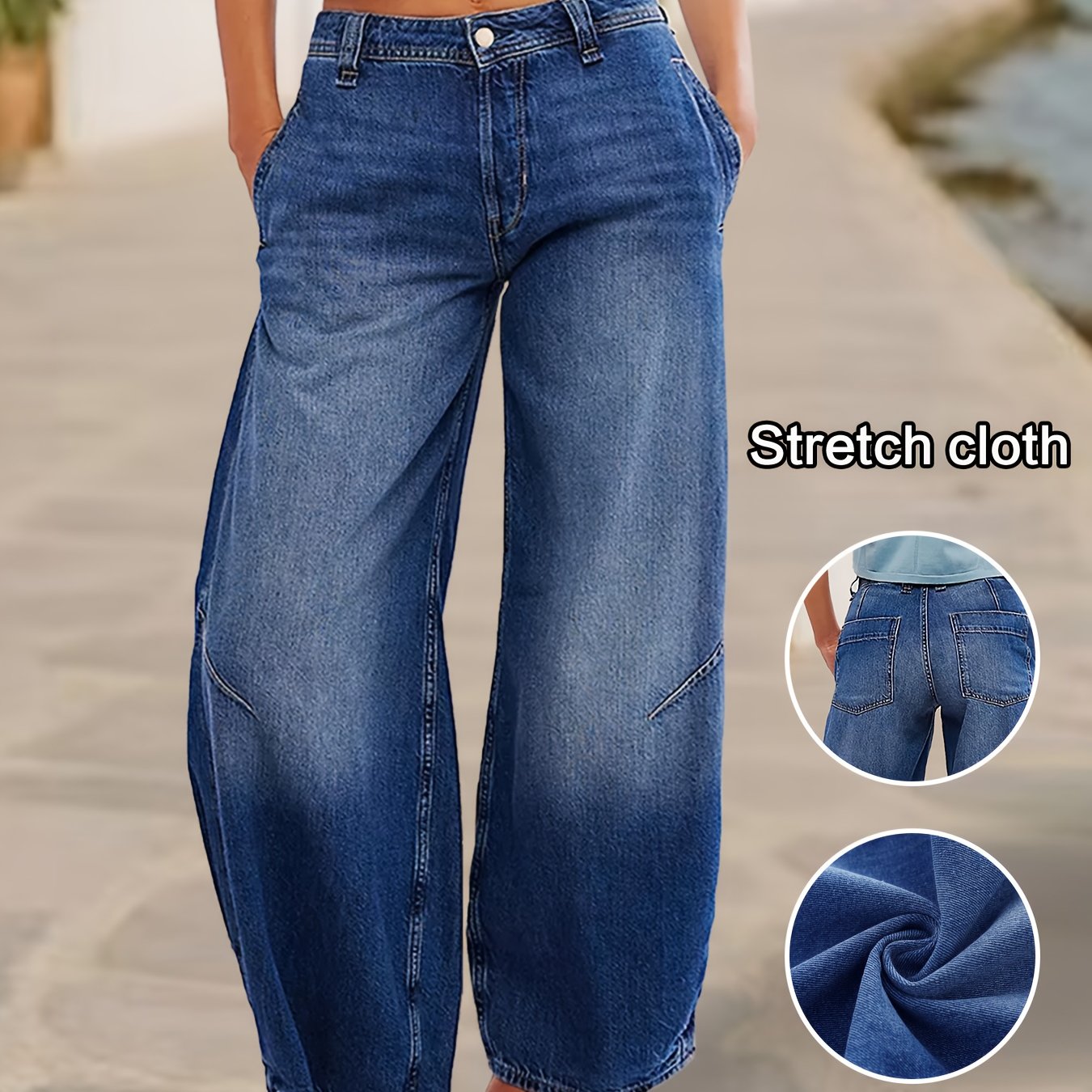 Image of "women's 90s Stretchy High-waist Loose Fit Tummy Control Jeans - Washed Straight-leg Casual Pants With Pockets, Comfortable Denim Trousers For Travel And Work"