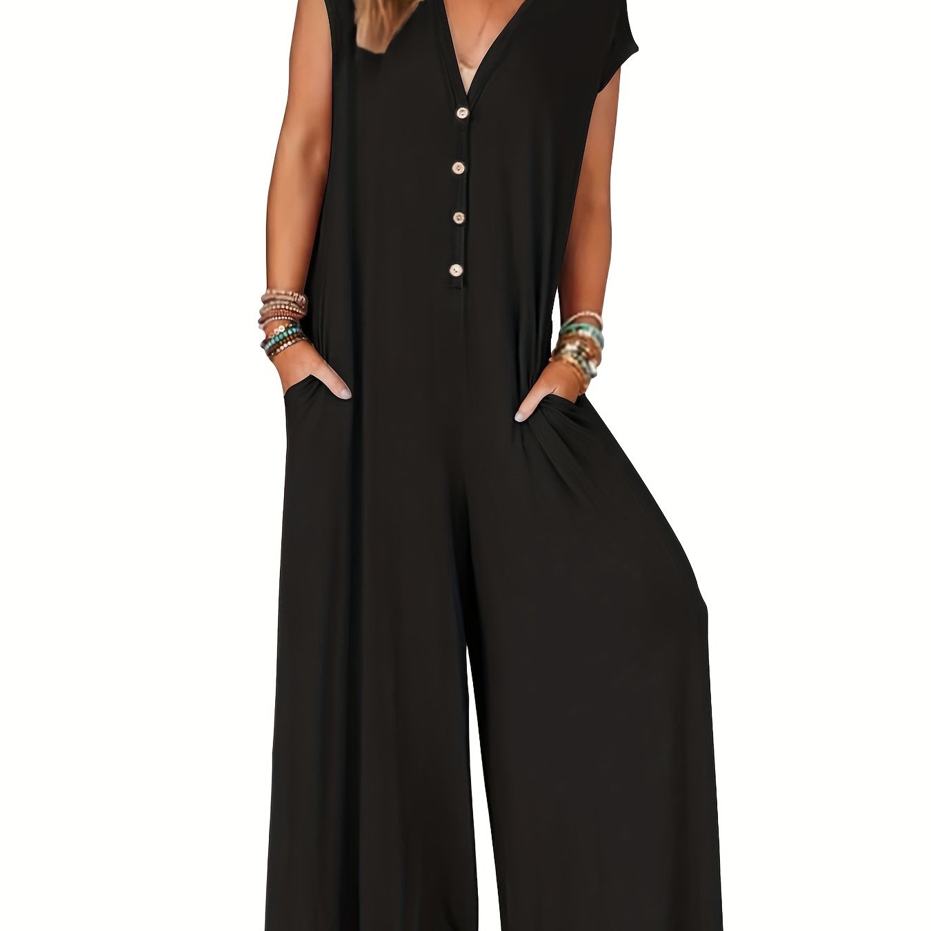 TEMU Button V Neck Jumpsuit, Casual Wide Leg Jumpsuit For , Women's Clothing