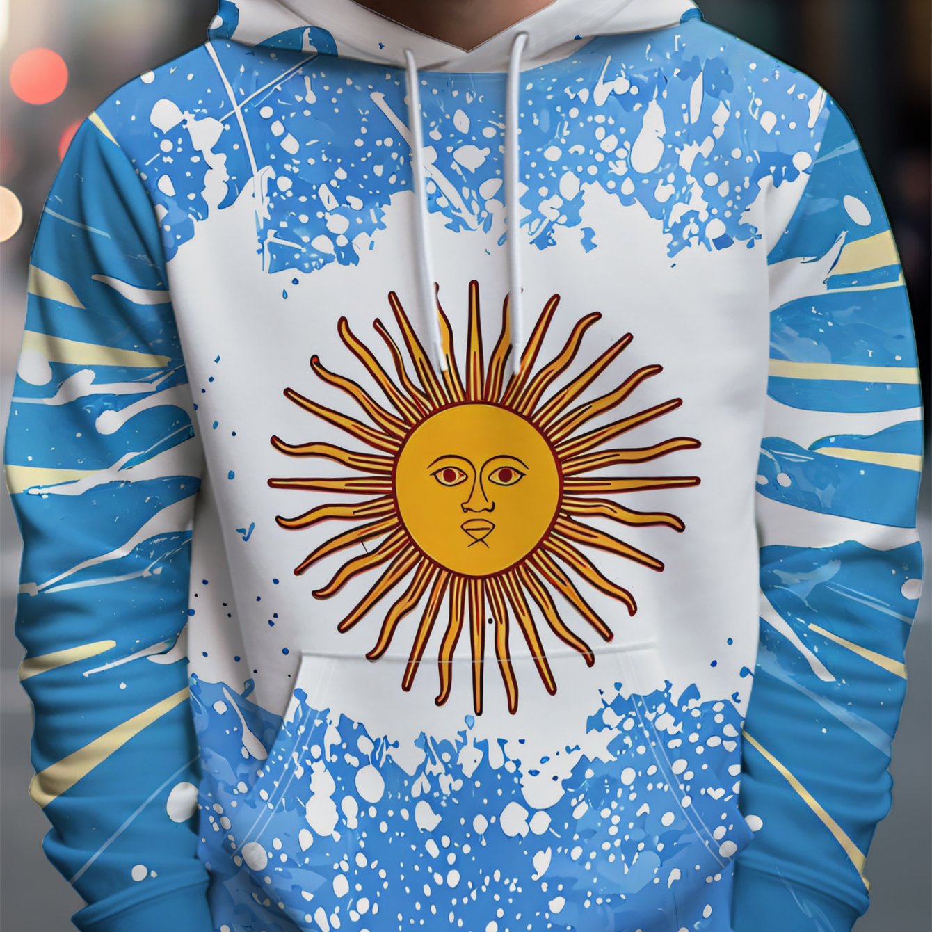 TEMU Men's Hooded Sweatshirt, Spring/autumn Trendy Argentina Flag Sun Print Loose Fit Casual Jacket, Sporty Drawstring Long Sleeve Top, Versatile