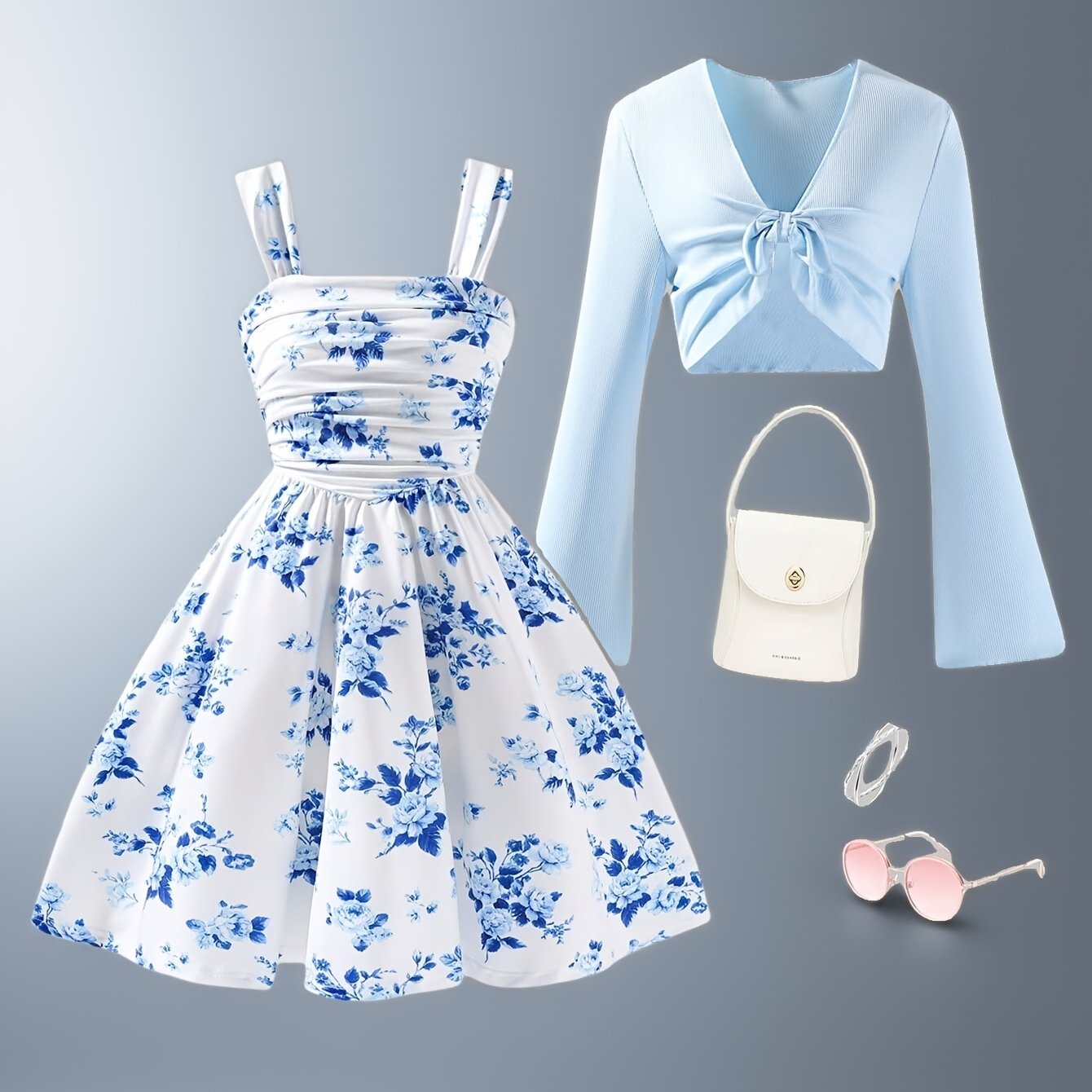 TEMU Elegant And Delicate Dress Set For Girls Aged 13-16, Featuring A Bow-decorated Cardigan, Slim-fit Long-sleeve Dress, Suitable For Versatile