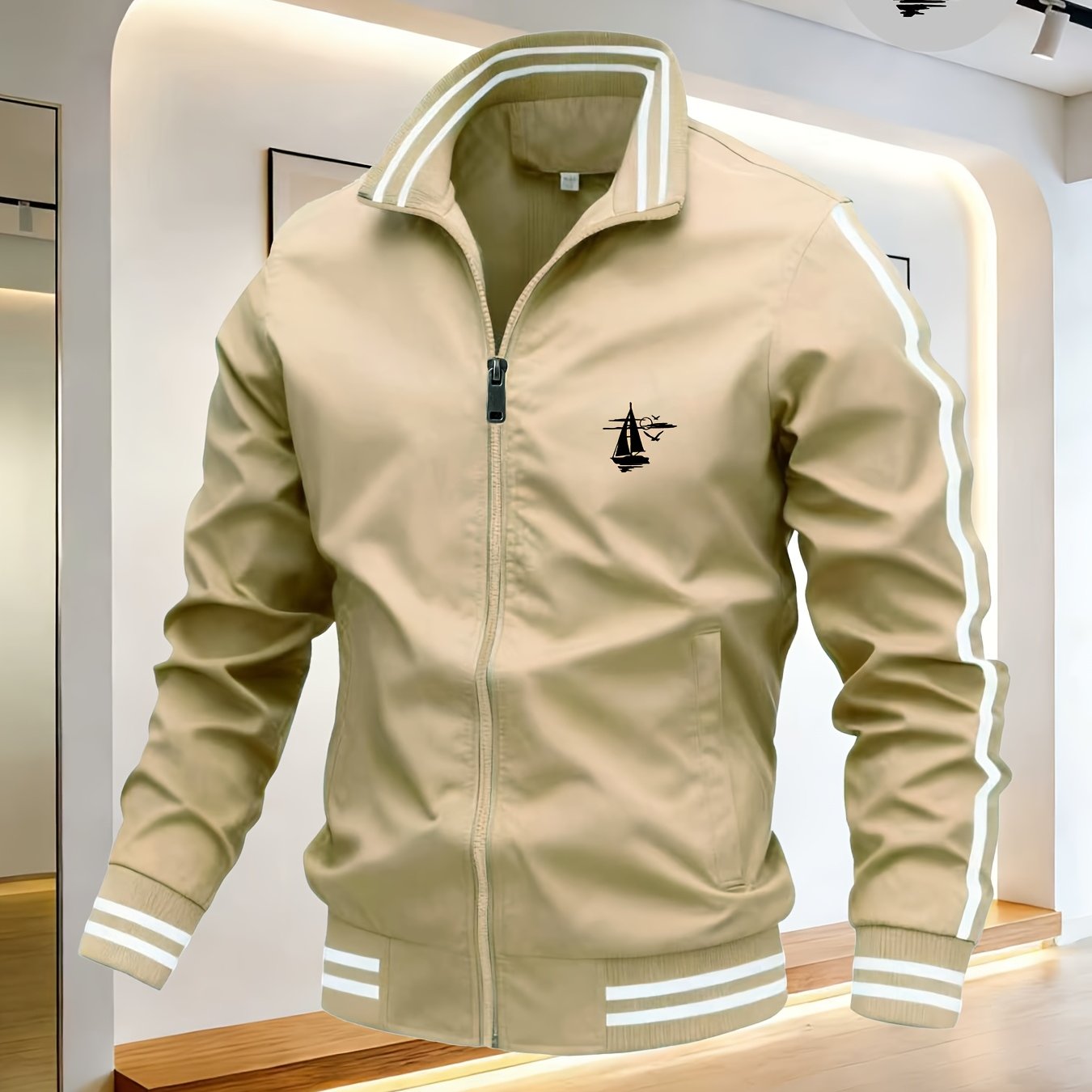TEMU Men's Nautical Sailing Boat Print Jacket - Windproof Stand Collar Zipper Blazer With Black & White Striped Stand Collar, Soft Outerwear Suitable