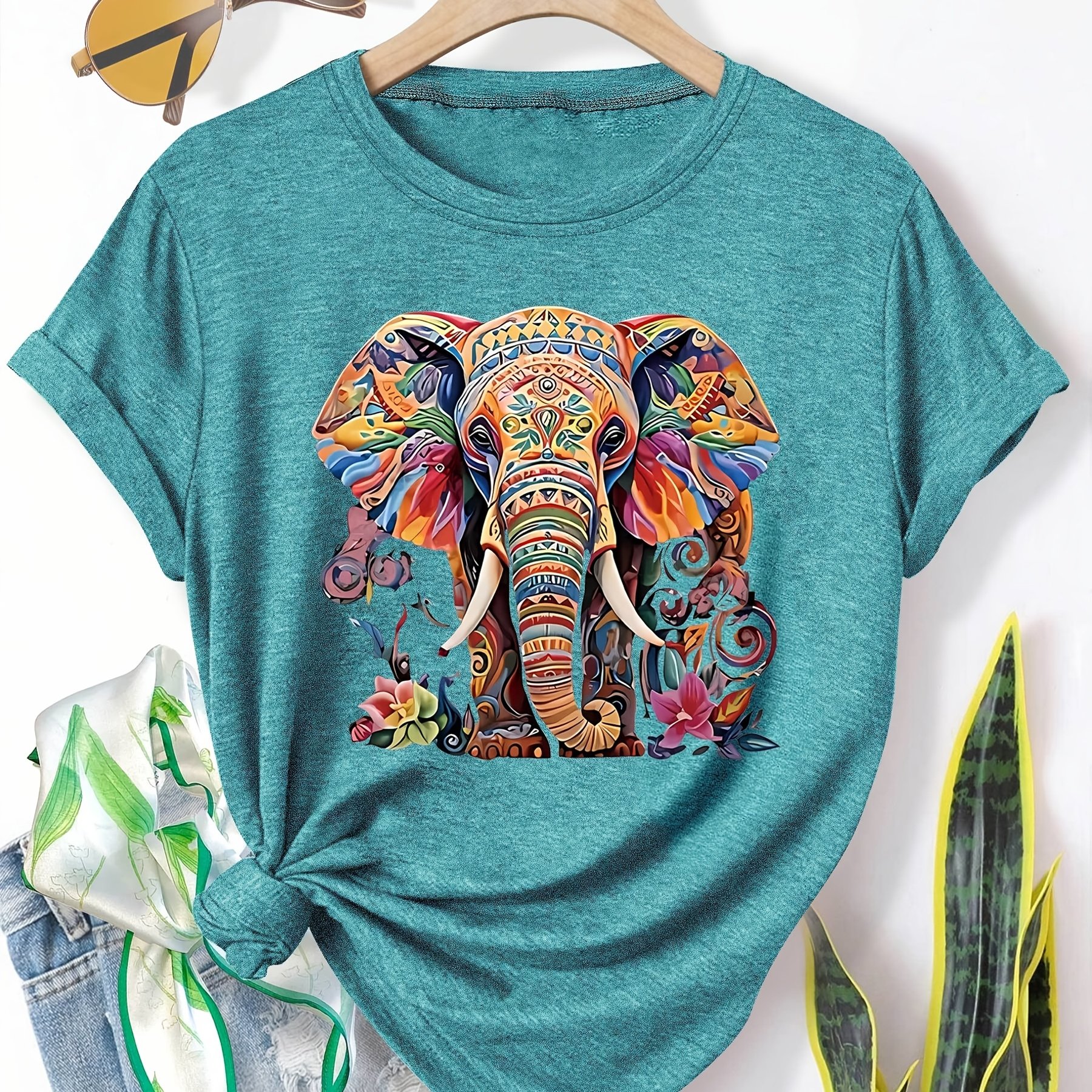 E-shop Damen Vibrant Elefanten Print T-Shirt - Casual Retro Style, Kurzarm Rundhalsausschnitt, Mittlere Stretchstoff, Erhältlich in Mehreren Farben