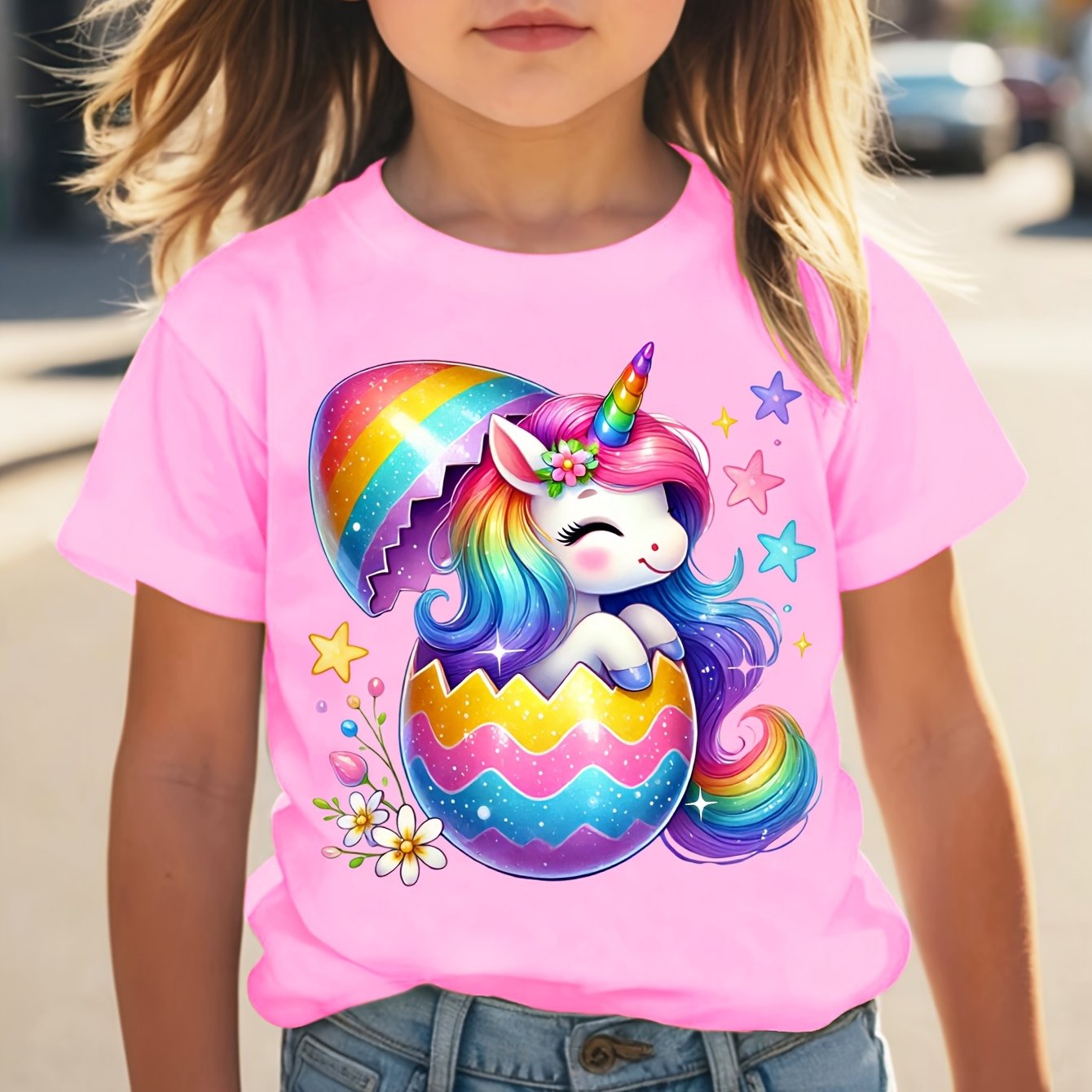 Easter Tx31295 Girls' Rainbow Unicorn Hatching Casual Round Neck T-shirt