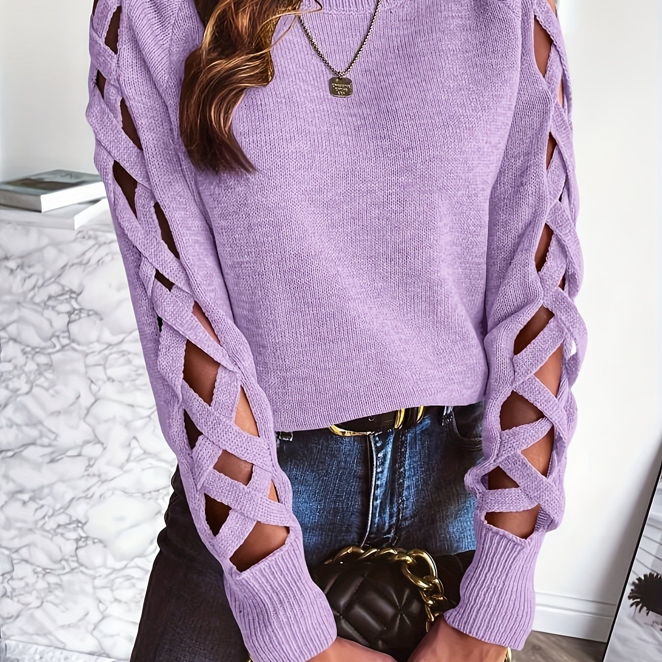 TEMU Women's Sweater - Long Sleeve Openwork Sweater Pullover, Chic Sweater For Fall/winter, Everyday & Formal Outfits - Women's Sweater Sweater,