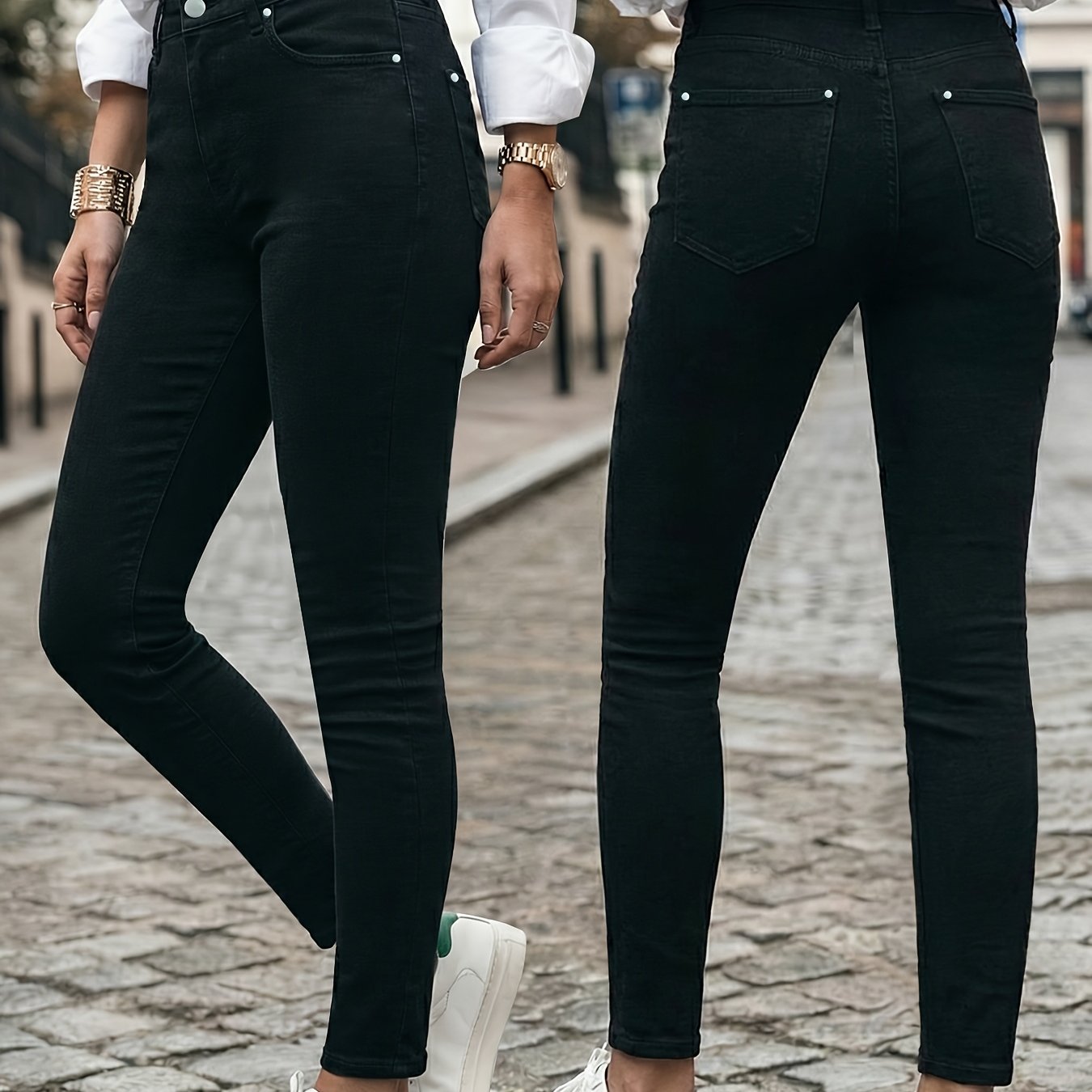 Image of Ladies' 2026 Tight Skinny Jeans, Classic Solid Color Comfortable Lifting Casual Pants, Washed Black Denim Leggings Suitable For , Long Pants For