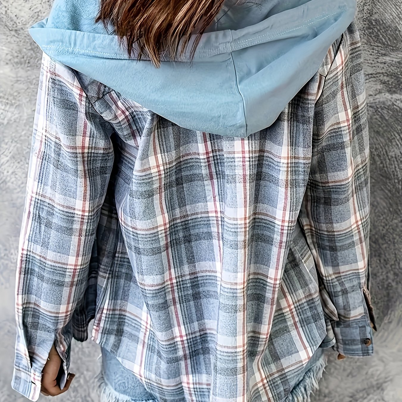 E-shop Lässiges Hemd, Damen Langarm Button-Up Hoodie mit Karomuster und Kordelzug