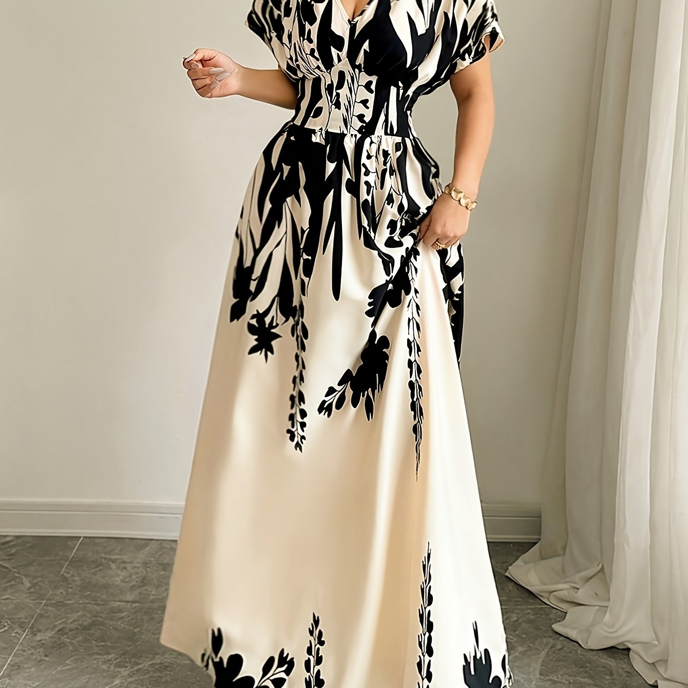 TEMU Elegant Women's Printed V-neck Long Dress