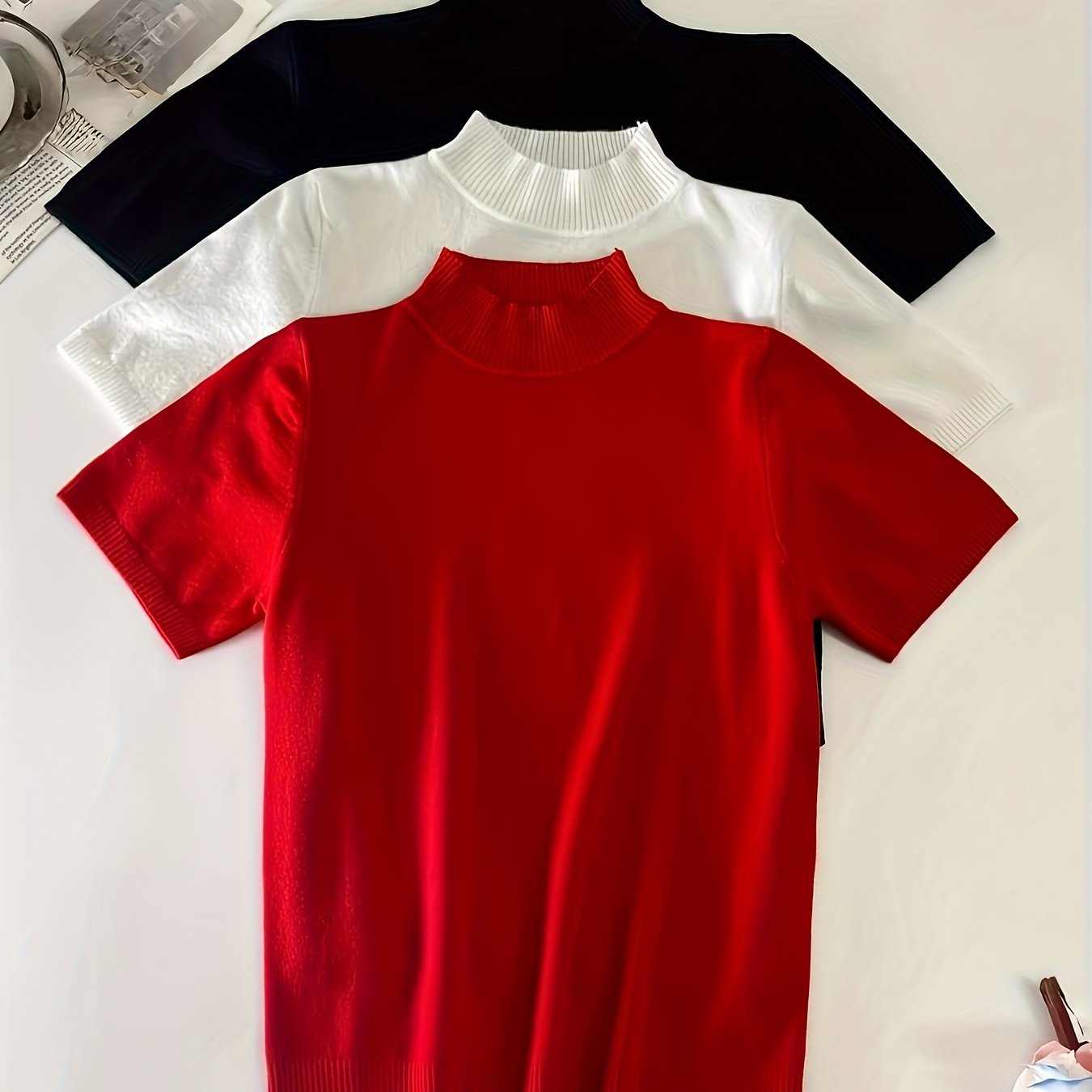 3-color Versatile Pullover Short-sleeve Sweater Set