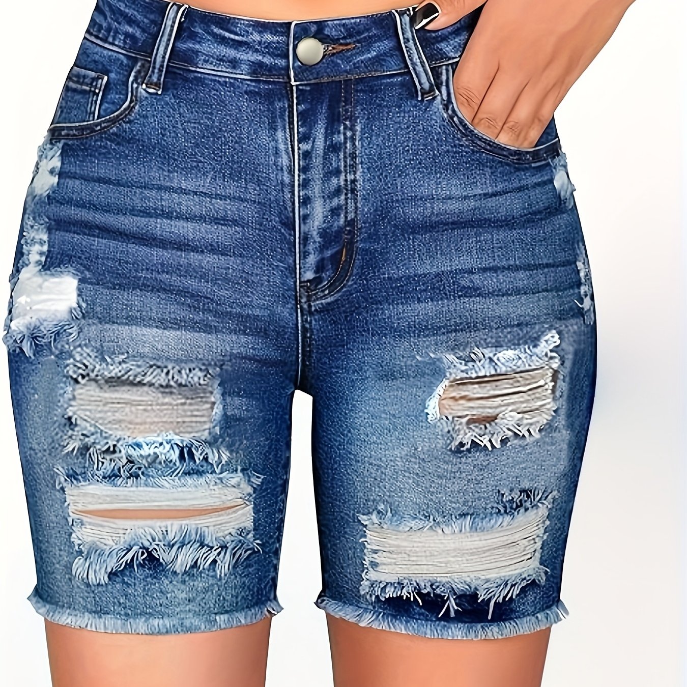 Image of Summer Women's Fashion Trendy Casual Stretch Denim Quarter Shorts With Fringe And Ripped Holes