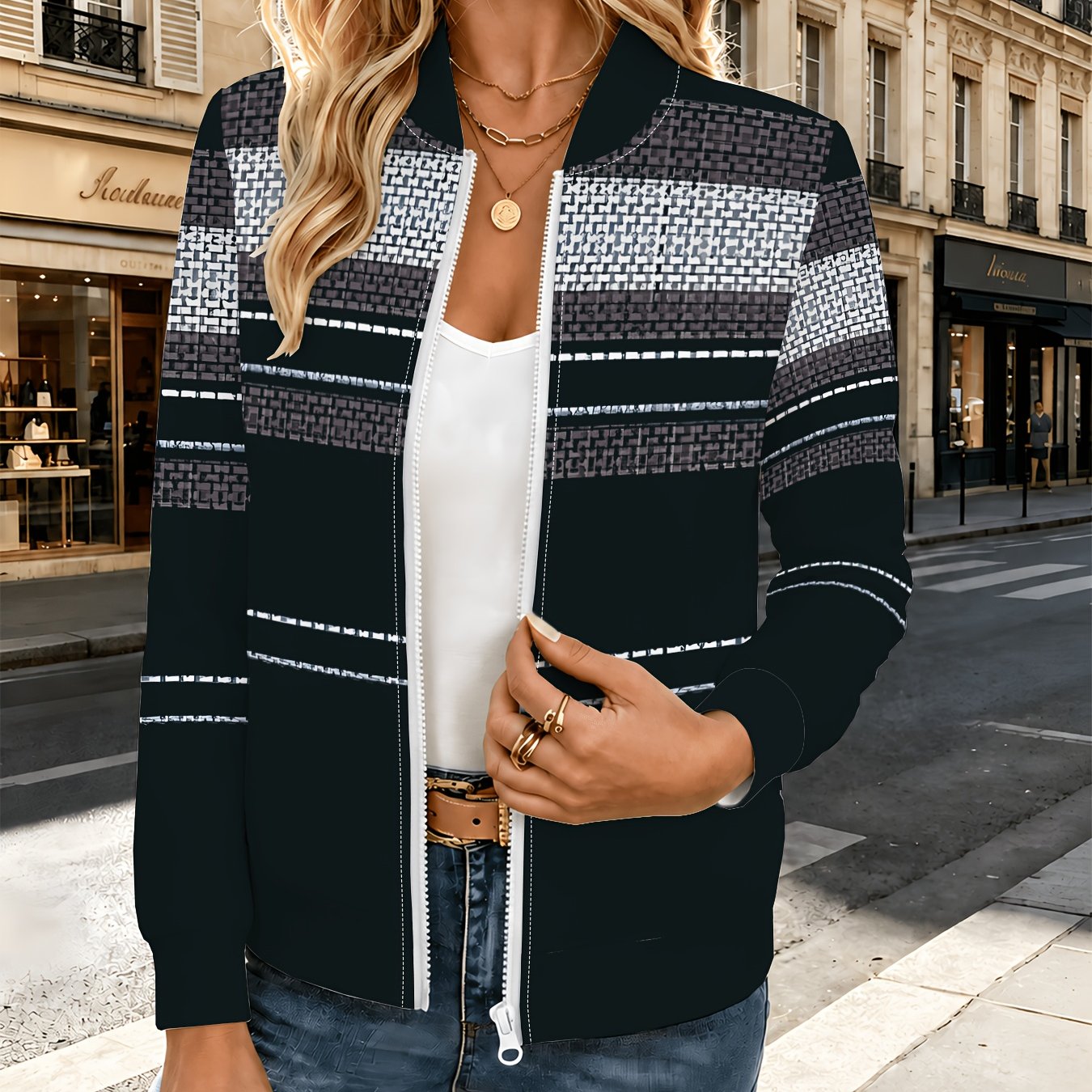 TEMU Women's Casual Baseball Jacket, Lightweight Zip-up Jacket, Navy-gray Texture, Minimalist Style, Professional Commuter Look