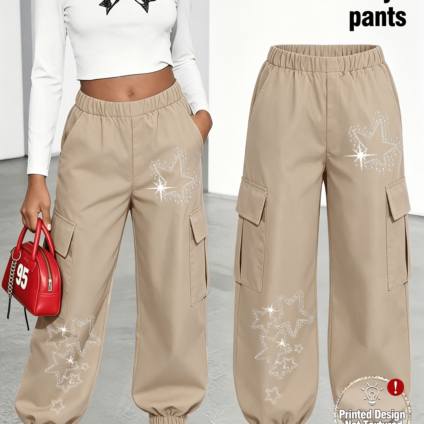 TEMU New Arrival Women's Long Pants (single Piece), Cute And Print Cargo Pants With Multi-pockets, Cargo Style, Fashionable 18-25, Machine Washable,