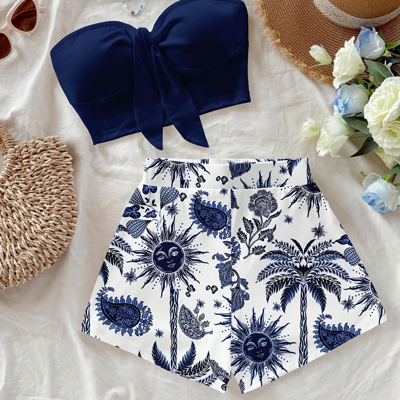 TEMU Women's Island Vacation Coconut Tree And Sun God Paisley Print Two-piece Set, Suitable For Vacations, Summer, And Stylish Spring