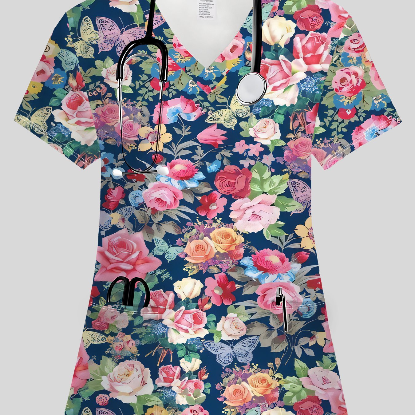 TEMU Women's Nurse Uniform - Printed T-shirt With A Vibrant Pattern Of Flowers And Butterflies On A Dark . Soft And Stretchy, This V-neck Top With