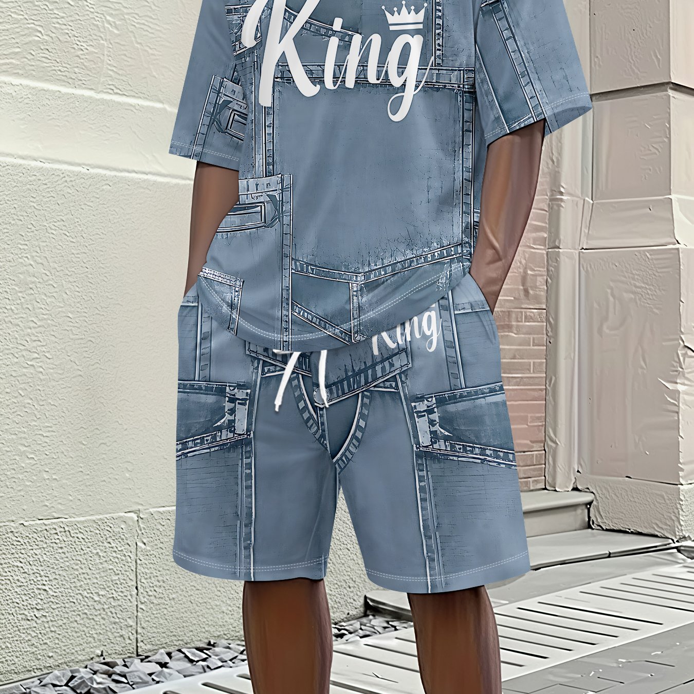 TEMU Completo da 2 pezzi con 3D, composto da maglietta a maniche corte e pantaloncini con inserti in denim e stampa di lettere con scritta a ,
