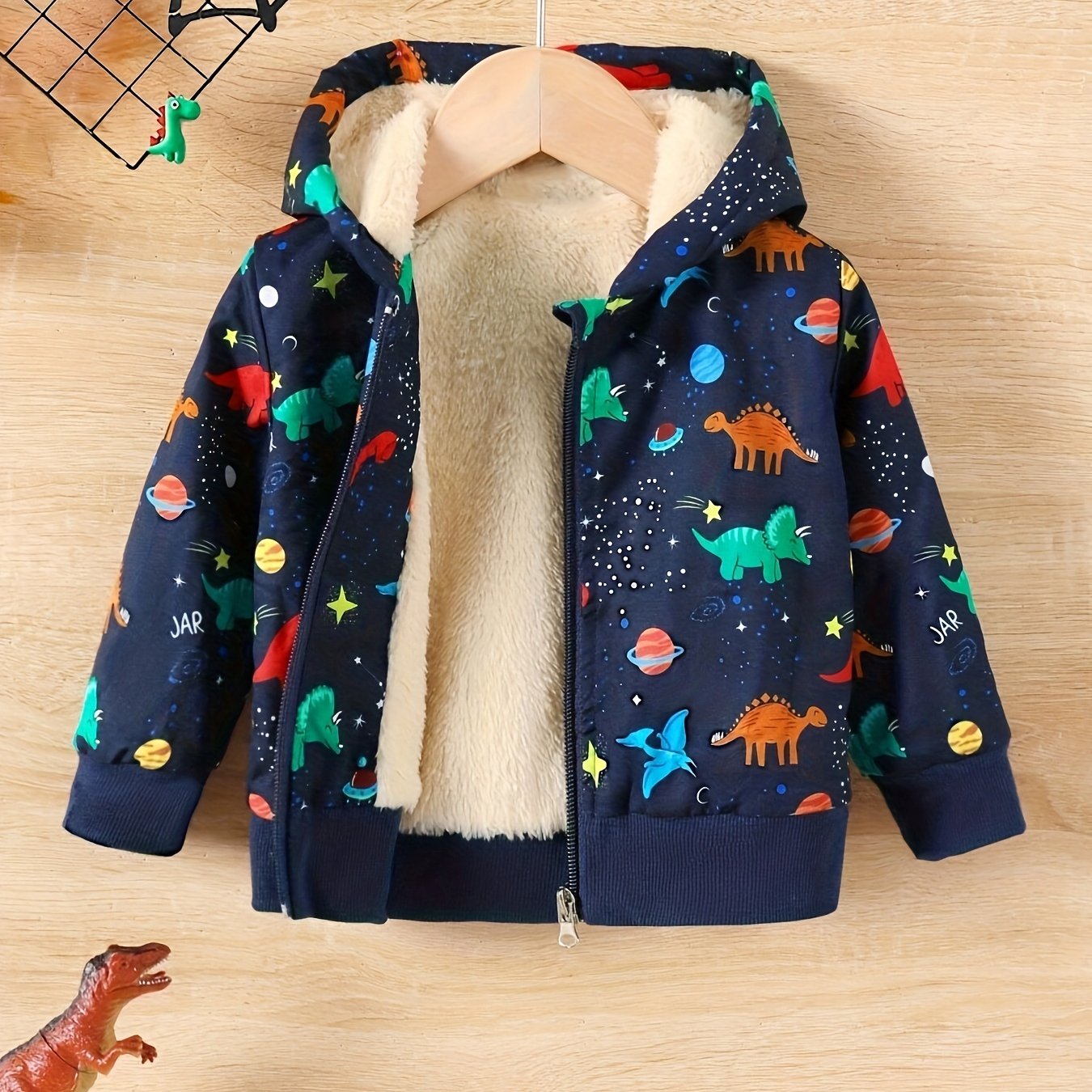 Image of Boys' Warm Fleece Hooded Jacket With Dinosaur Pattern, Fall And Winter Clothes, Autumn Essentials