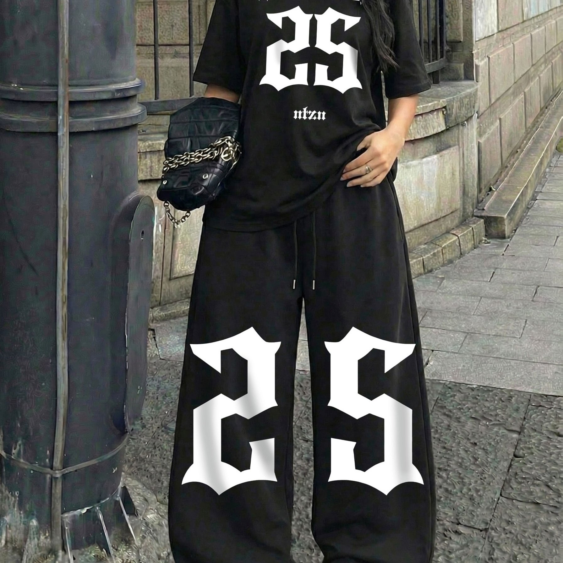 TEMU Women's Casual Streetwear "25" Print Round-neck Short-sleeve Top And Loose Drawstring Pants 2pcs Set, Trendy Women's Outfit Suitable For Summer