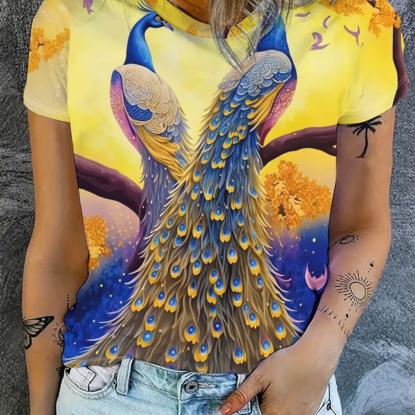 TEMU Women's Fashion Short-sleeve T-shirt With Peacock Print, Made Of, Regular Fit For Summer Casual Wear