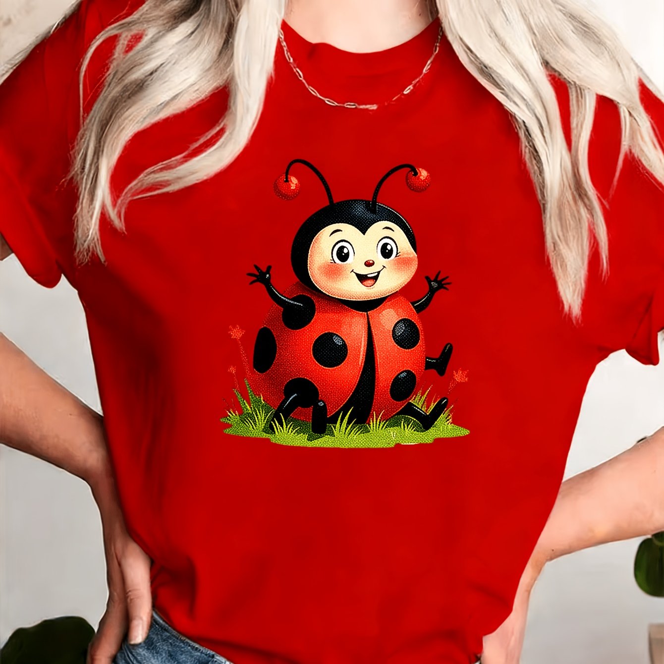 TEMU Women's Short Sleeve T-shirt With Ladybug Print - Cute Blouse -, Breathable Lightweight Suitable For Spring Summer Casual Wear, Machine Washable