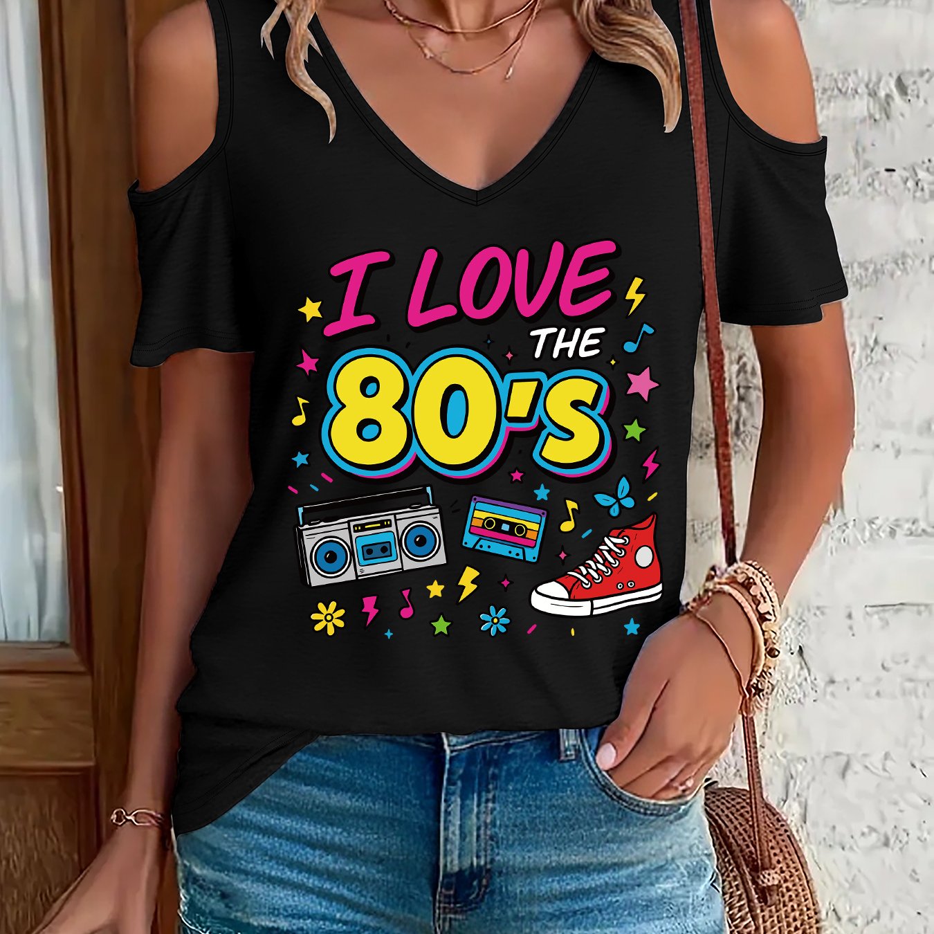 TEMU (002#) Women's Fashion Off-shoulder V-neck T-shirt, Off-shoulder V-neck 80s Theme Printed T-shirt, Casual Retro Style Short Sleeve Top