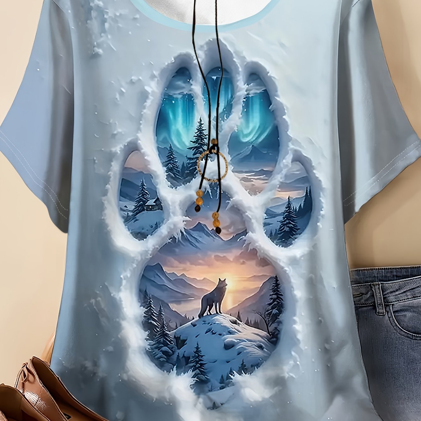 TEMU Plus Size - Plus Size - Plus Size Women's Casual T-shirt Featuring A Scenic Snow Wolf Print, Short Sleeves, Round Neck, Machine Washable,