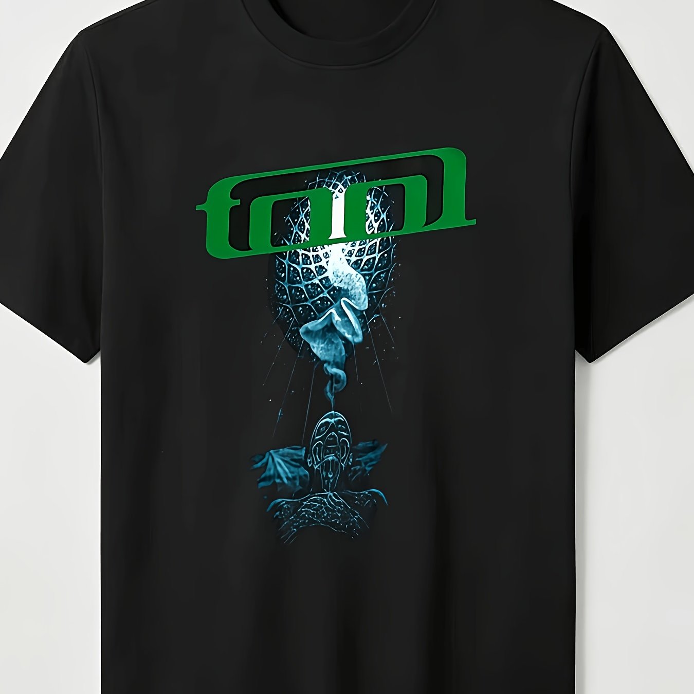 TEMU Men's Black Progresivo Tool T-shirt With Green & Blue Geometric Tool Print - Short Sleeve Loose Fit Round Neck, Durable Heat Transfer Design