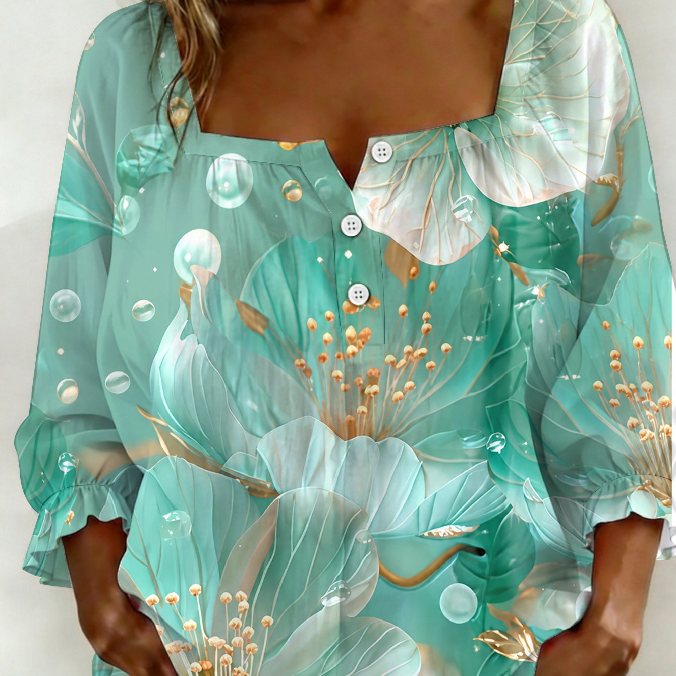 Plus Size - Plus Size - 2d Flat Printing Plus Size Plus Size, Women's Teal Watercolor Bloom Shirt, Square Neck Button Detail 3/4 Sleeve, Floral Print Slim Fit Blouse